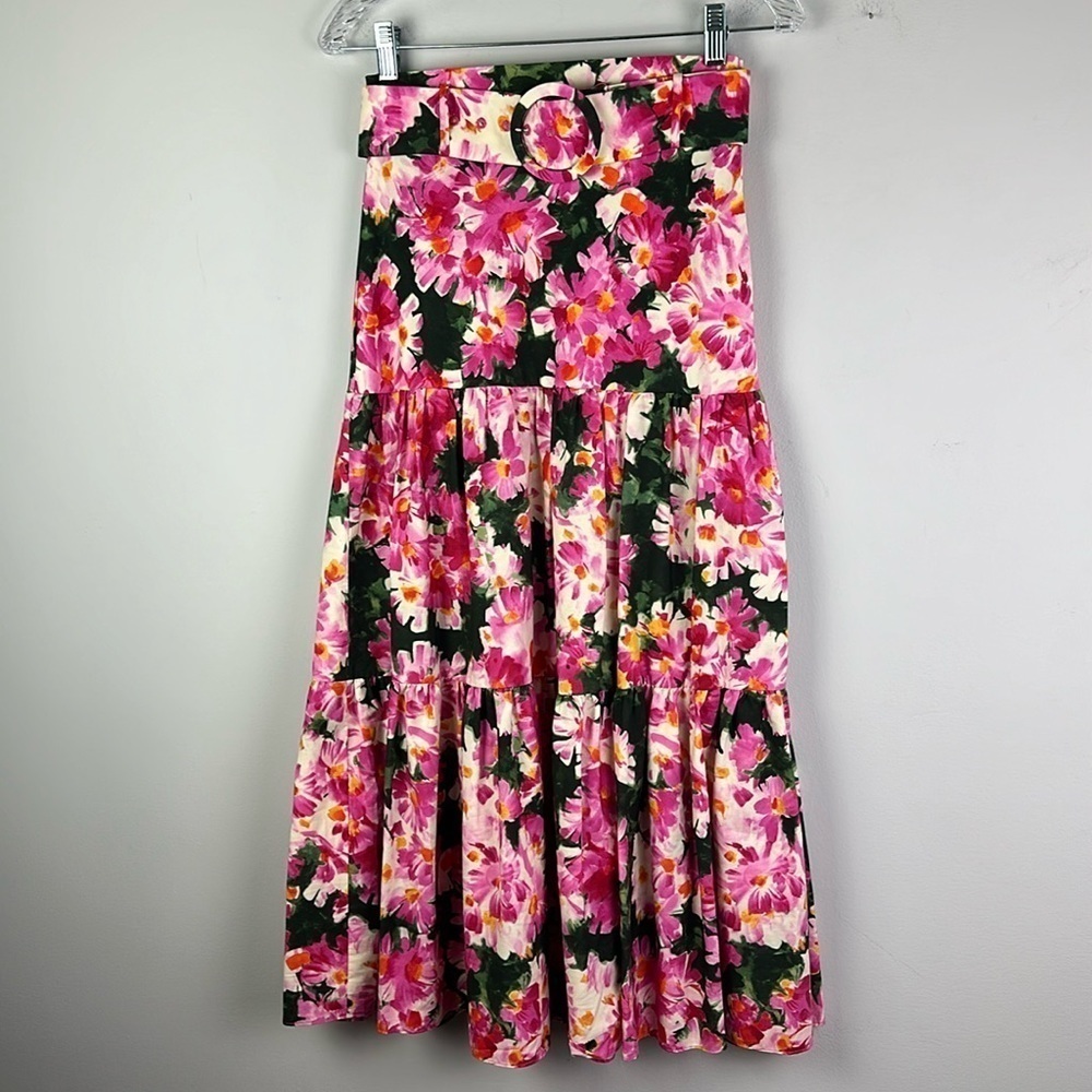 Zara Bloggers Fav Tiered Pleated Vibrant Floral Maxi Skirt Size XS Belted Spring - Picture 2 of 16